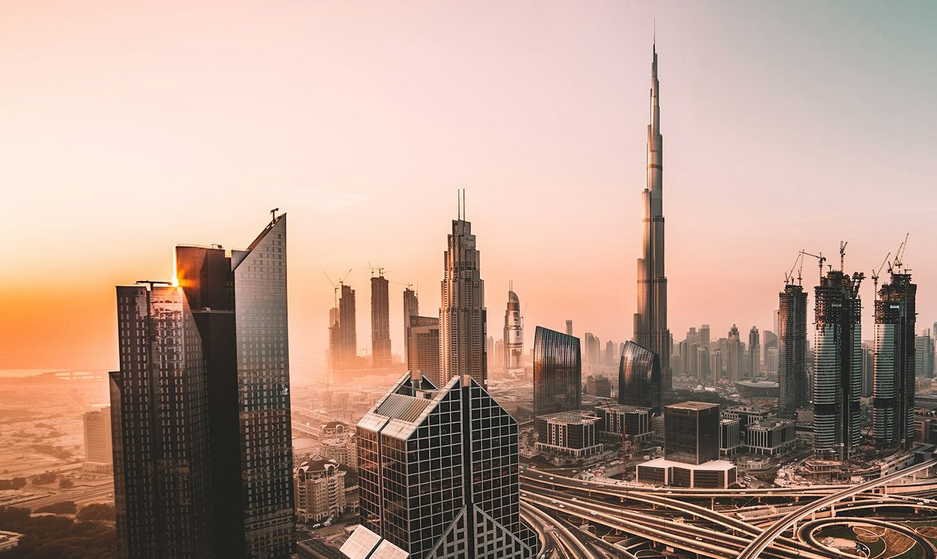 Dubai skyline with the Burj Khalifa at sunset